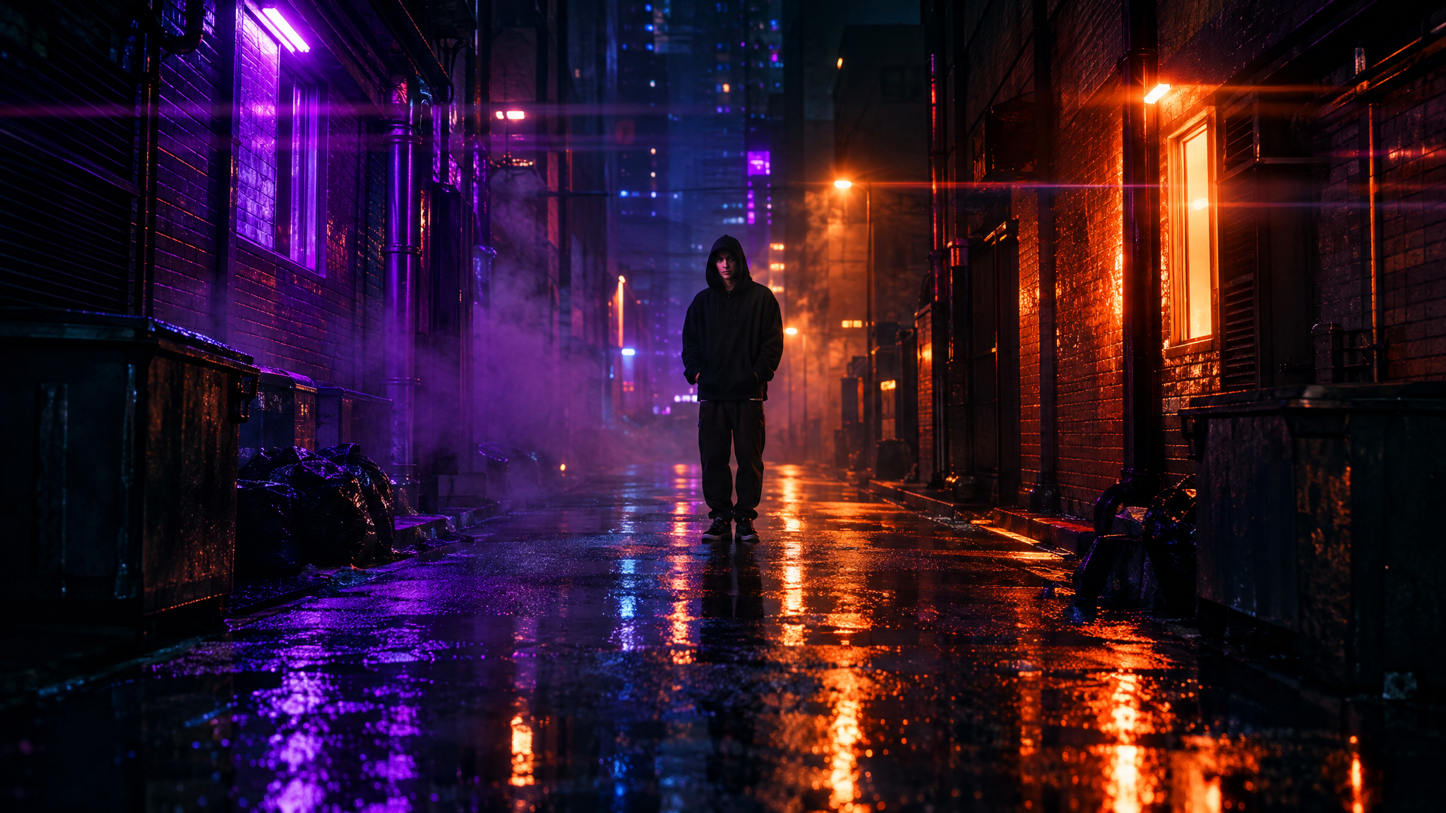 Night drop campaign still in a neon alley (AI-generated)